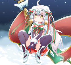 Rule 34 | 1girl, ahoge, anbee (arary), armored boots, bell, between legs, black bra, black gloves, black thighhighs, blush, boots, bow, bra, breasts, capelet, christmas, cleavage, closed mouth, elbow gloves, fate/grand order, fate (series), female focus, full body, gloves, green ribbon, hand between legs, have to pee, headpiece, highres, jeanne d&#039;arc (fate), jeanne d&#039;arc alter (fate), jeanne d&#039;arc alter santa lily (fate), long hair, looking at viewer, miniskirt, navel, nervous, outdoors, own hands together, panties, panty peek, polearm, purple hair, red ribbon, ribbon, silver boots, sitting, skirt, small breasts, snow, snowing, solo, spear, sweat, thighhighs, underwear, v arms, very long hair, weapon, white capelet, white panties, white skirt, yellow eyes