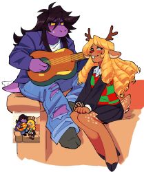 2girls afterimage antlers black_hair black_skirt blonde_hair colored_sclera deer_girl deer_tail deltarune drill_hair game_screenshot_inset guitar highres hooves horns instrument looking_to_the_side lumi_nela multiple_girls noelle_holiday reference_inset short_tail skirt susie_(deltarune) sweatdrop tail tail_wagging yellow_sclera