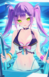 1girl =_hair_ornament absurdres bikini black_choker breasts center-flap_bangs choker cleavage commentary_request demon_girl double-parted_bangs front-tie_bikini_top front-tie_top green_eyes hair_ornament hairclip highleg highleg_bikini highres hololive hololive_summer_2023_swimsuit layered_bikini long_hair looking_at_viewer medium_breasts multicolored_hair navel navel_piercing o-ring o-ring_choker official_alternate_costume open_mouth partially_submerged piercing pink_hair pointy_ears pool purple_hair solo stomach straight-on streaked_hair striped_bikini striped_clothes swimsuit tokoyami_towa twintails ureinnn virtual_youtuber white_bikini