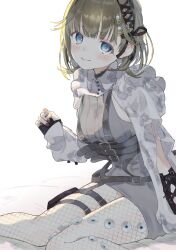 1girl arm_cutout bad_anatomy bad_face belt black_nails blue_eyes blush bossun_(laetus) cattleya_regina_games chest_belt commentary dress fingerless_gloves fishnet_pantyhose fishnets floral_print gloves green_hair grey_sweater hair_ribbon hanabusa_lisa hanabusa_lisa_(4th_costume) highres knit_sweater multiple_belts pantyhose pearl_hair_ornament pouch ribbon shrug_(clothing) simple_background sitting solo suspenders sweater sweater_dress thigh_pouch virtual_youtuber vspo! wariza white_background