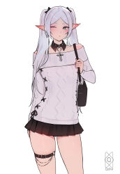 1girl absurdres bag black_skirt breasts cowboy_shot cross cross_necklace detached_collar earrings elf frieren green_eyes grey_sweater highres jewelry long_hair miniskirt necklace o-ring o-ring_thigh_strap off-shoulder_sweater off_shoulder one_eye_closed parted_bangs pleated_skirt pointy_ears quilm shoulder_bag simple_background skirt solo sousou_no_frieren standing sweater thick_eyebrows thigh_strap twintails white_background white_hair