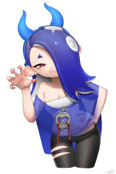 1girl bare_arms bare_shoulders black_leggings blue_hair blue_hairband blue_horns blue_shawl breasts cephalopod_eyes chest_sarashi claw_pose cleavage collarbone colored_extremities commentary cropped_legs earrings fake_horns fingernails gluteal_fold grin hair_over_one_eye hairband hand_on_own_hip hand_up highres horizontal_pupils horn_hairband horns jewel_under_eye jewelry leggings looking_at_viewer medium_hair multiple_earrings nintendo octoling one_eye_covered pink_pupils puchiman red_eyes sarashi see-through_clothes see-through_shawl sharp_fingernails shawl shiver_(deep_cut_outfit)_(splatoon) shiver_(splatoon) signature simple_background smile solo splatoon_(series) splatoon_3 suction_cups symbol-only_commentary tentacle_hair tooth_earrings torn_clothes torn_leggings white_background