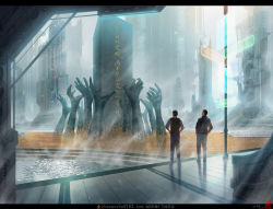 2boys arrow_(symbol) remembrance_of_earth&#039;s_past enzhe_zhao from_behind glowing highres indoors letterboxed luo_ji monument multiple_boys reflection sand shadow shi_qiang sign standing translation_request water wide_shot