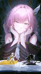 Rule 34 | 1girl, absurdres, book, cape, coat, commentary request, cyrene (honkai: star rail), dosukoi tsukimiyama, flame reaver of the deepest dark, hair ornament, hand on own cheek, hand on own face, highres, holding, holding sword, holding weapon, honkai: star rail, honkai (series), open book, phainon (honkai: star rail), pink hair, purple coat, purple eyes, short hair, smile, solo, sword, weapon