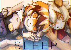 1girl 2boys aak_(arknights) arknights claws colored_sclera commentary_request cropped dido_(di_do_di_do) english_text furry furry_female furry_male highres hung_(arknights) komainu_boy komainu_ears looking_at_viewer mixed-language_commentary multiple_boys on_bed on_pillow one_eye_closed orange_eyes sleep_mask tiger_girl tiger_stripes waai_fu_(arknights) yellow_sclera