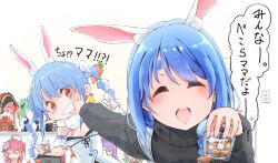 2girls :d ^_^ animal_ears aqua_hair black_sweater blue_hair braid breasts character_doll clenched_teeth closed_eyes cup detached_sleeves drinking_glass green_eyes hair_bun hat highres hikimayu holding holding_cup hololive hololive_english hololive_indonesia houshou_marine kuuneru514 long_hair moona_hoshinova multiple_girls open_mouth orange_hair pekomama pink_hair pirate_hat purple_eyes purple_hair pushing_away rabbit_ears sakura_miko shiranui_flare shirogane_noel single_hair_bun smile sweater takanashi_kiara teeth translation_request trembling twin_braids uruha_rushia usada_pekora virtual_youtuber white_hair