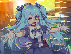Rule 34 | 1girl, :d, blue bow, blue hair, blue ribbon, blush, bow, building, city, cloud, collarbone, crying, crying with eyes open, dress, dusk, evening, eyepatch, gradient sky, hair between eyes, hair ribbon, hat, heart, highres, ladder, last origin, lens flare, long hair, looking at viewer, lrl (last origin), mountainous horizon, open mouth, orange sky, outdoors, pixiv id, plant, print eyepatch, puffy short sleeves, puffy sleeves, railing, reaching, reaching towards viewer, ribbon, sailor dress, short sleeves, signature, sky, skyscraper, smile, solo, striped bow, striped clothes, striped ribbon, striped wrist cuffs, sun, sunset, tears, teeth, tongue, twilight, twitter username, two side up, umigarasu (kitsune1963), upper teeth only, waist bow, white bow, white ribbon, white wrist cuffs, wrist cuffs, yellow eyes, yellow sky