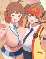 2girls :d ;d annrisakura back_bow bandaid bandaid_on_knee bandaid_on_leg black_shorts blush bow breast_press breasts brown_hair burger commentary_request cosplay cup employee_uniform fast_food_uniform food gakuen_idolmaster greed_eyes hanami_ume headset highres holding holding_burger holding_food holding_ice_cream ice_cream ice_cream_cup idolmaster imadake_dabuchi_tabemi imadake_dabuchi_tabemi_(cosplay) large_breasts looking_at_viewer loose_socks love_live! love_live!_nijigasaki_high_school_idol_club mcdonald&#039;s multiple_girls necktie one_eye_closed open_mouth orange_eyes pink_hair school_uniform shirt shoes shorts skirt smile sneakers socks standing striped_clothes striped_shirt sweater tasuki teeth text_background thighhighs tie_clip twintails uehara_ayumu upper_teeth_only vertical-striped_clothes vertical-striped_shirt visor_cap vyellow_background white_socks wristband yellow_eyes yellow_happi