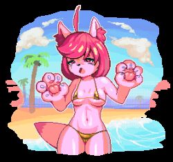 animal_ears animal_hands animated animated_gif beach bikini breasts cloud day fortnite fox_ears fox_tail furry furry_female gold_bikini golden_week_bikini kimiko non-web_source ocean outdoors palm_tree pixel_art sand sky swimsuit tail tree wolf_ears