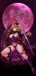 1girl absurdres black_shirt blonde_hair breasts corruption cropped_shirt crotch_plate dark_persona eyeshadow fangs fingernails full_body full_nelson glowing_tattoo granblue_fantasy harold_japan highres holding holding_sword holding_weapon horns katana large_breasts long_fingernails long_hair makeup mind_control mirin_(granblue_fantasy) moon nipple_piercing nipples parted_lips piercing pink_lips pubic_tattoo purple_eyes pussy_juice red_eyeshadow red_horns red_moon red_skirt revealing_clothes shirt skirt solo sword tattoo weapon