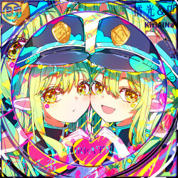 Rule 34 | 2girls, absurdres, artist name, black hat, blue archive, closed mouth, colorful, commentary request, fang, grey hair, hat, heart, heart hands, heart hands duo, highres, hikari (blue archive), kiriaina, looking at viewer, multiple girls, nozomi (blue archive), open mouth, peaked cap, pointy ears, skin fang, upper body, yellow eyes