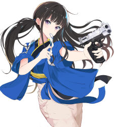 1girl black_hair blue_kimono commentary_request gun handgun highres holding holding_gun holding_weapon inoue_takina japanese_clothes kimono long_hair looking_at_viewer lycoris_recoil mouth_hold purple_eyes sierra_(sierra_s252) simple_background solo tasuki weapon white_background wide_sleeves