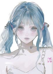 1girl bare_shoulders blue_eyes blue_hair blush cosplay dress hatsune_miku hatsune_miku_(cosplay) highres iggy.m looking_at_viewer original parted_lips sketch solo tattoo twintails upper_body white_background white_dress