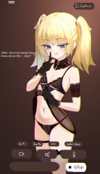 1girl absurdres aged_down alternate_breast_size ani_(xai) black_bra black_gloves black_panties blonde_hair blue_eyes bra brown_background commentary english_commentary finger_to_mouth fishnet_thighhighs fishnets flat_chest gloves highres kiari_art lifting_own_clothes lingerie loli long_hair looking_at_viewer panties shirt shushing simple_background smile solo standing thigh_strap thighhighs twintails twitter underwear white_shirt xai_(company)