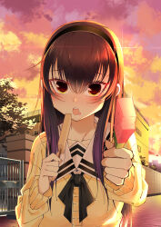 1girl absurdres black_bow black_bowtie black_hair black_hairband bow bowtie building cardigan cloud cloudy_sky food food_on_face gate hair_between_eyes hair_over_shoulder hairband highres holding holding_food holding_popsicle ice_cream incoming_food kimi_to_kanojo_to_kanojo_no_koi. kokosen long_hair looking_at_viewer nitroplus open_mouth popsicle sailor_collar school_uniform serafuku sky solo sone_miyuki standing straight_hair sunlight sunset tree white_sailor_collar white_serafuku window yellow_cardigan