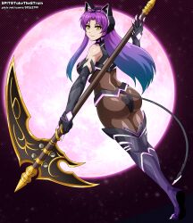 1girl animal_ear_hairband animal_ear_headphones animal_ears armored_bodysuit ass bodysuit breasts cat_ear_hairband cat_ears clawed_gauntlets cosplay eiyuu_densetsu fake_animal_ears from_behind full_moon grimcats_(eiyuu_densetsu) grimcats_(eiyuu_densetsu)_(cosplay) hairband headphones highres holding holding_behind_back holding_scythe impossible_bodysuit impossible_clothes kuro_no_kiseki kuro_no_kiseki_(series) kuro_no_kiseki_ii latex latex_bodysuit long_hair looking_at_viewer looking_back medium_breasts moon parted_bangs purple_hair renne_(eiyuu_densetsu) scythe skin_tight smile solo spit_(takethestrain) standing yellow_eyes