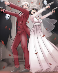 1boy 1girl artist_name blue_eyes bridal_veil bride dangerousbride dante_(devil_may_cry) demon devil_may_cry_(series) dress green_eyes gun handgun heterochromia highres holding holding_gun holding_weapon jacket lady_(devil_may_cry) pants petals red_eyes red_jacket red_pants red_vest see-through_clothes see-through_sleeves sin_scissors tuxedo veil vest weapon wedding_dress white_dress