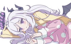 1girl ahoge black_halo blue_archive demon_girl demon_horns demon_wings halo highres hina_(blue_archive) hina_(pajamas)_(blue_archive) horns jacket long_hair lying mocha033 on_side pajamas pillow pink_pajamas polka_dot polka_dot_pajamas simple_background solo white_background white_hair wings yellow_jacket