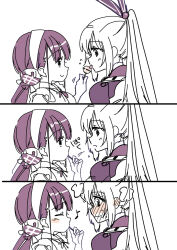 2girls breasts frills hair_bun hair_ornament hair_stick harness heaven_burns_red highres kanzaki_adelheid large_breasts long_hair monochrome multiple_girls ponytail puffy_short_sleeves puffy_sleeves sanpachishiki_(gyokusai-jima) satsuki_mari shared_food short_sleeves twintails very_long_hair yuri