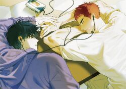 2boys arms_on_table black_hair blue_hoodie book cassette_player cherry_carrot closed_eyes commentary_request earbuds earphones hand_on_another&#039;s_hand hood hood_down hoodie korean_commentary long_sleeves male_focus multiple_boys open_book papers parted_lips red_hair rukawa_kaede sakuragi_hanamichi shirt short_hair short_sideburns short_sleeves sitting slam_dunk_(series) sleeping t-shirt white_shirt