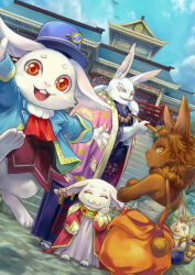 aj_(noranukoaj) animal_ears architecture bilac_(shangri-la_frontier) blue_hat blue_sky closed_eyes dutch_angle earrings east_asian_architecture emul emul_(shangri-la_frontier) furry furry_female furry_male hat japanese_clothes jewelry long_sleeves open_mouth outdoors rabbit rabbit_ears shangri-la_frontier sky smile stairs stone_stairs vysache_(shangri-la_frontier)