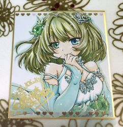1girl blue_dress blue_eyes blue_sleeves blush breasts cleavage closed_mouth commentary_request detached_sleeves dress flower fujii_ryou green_flower green_hair hair_flower hair_intakes hair_ornament hand_on_own_chin heterochromia idolmaster idolmaster_cinderella_girls looking_at_viewer medium_breasts medium_hair mole mole_under_eye shikishi sleeveless sleeveless_dress smile solo takagaki_kaede upper_body