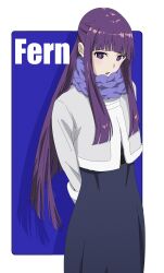 1girl absurdres arms_behind_back black_dress blue_background blue_scarf blunt_bangs border braided_scarf character_name chinese_commentary coat commentary cowboy_shot dress fern_(sousou_no_frieren) highres lan_3736 long_hair long_sidelocks looking_at_viewer open_mouth outside_border purple_eyes purple_hair scarf sidelocks solo sousou_no_frieren standing straight_hair very_long_hair white_border white_coat winter_clothes winter_coat