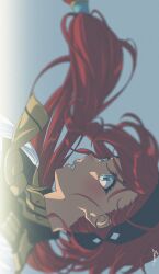 1girl absurdres black_hairband black_shirt blue_eyes blush commentary eyelashes floating_hair grey_background gundam gundam_suisei_no_majo hairband hari611 highres jacket long_hair necktie portrait red_hair shirt sideways solo suletta_mercury tareme white_jacket yellow_necktie