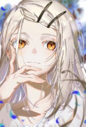 1girl absurdres blonde_hair blurry blush depth_of_field gakuen_idolmaster hand_on_own_face hanozuku highres idolmaster light_smile long_hair looking_to_the_side orange_eyes petals shinosawa_hiro solo upper_body