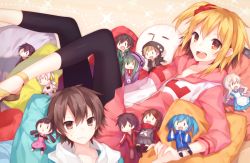 1boy 1girl amamiya_hibiya asahina_hiyori bad_id bad_pixiv_id blonde_hair brown_eyes brown_hair character_doll chocoan dark_konoha ene_(kagerou_project) hood hoodie kagerou_project kano_shuuya kido_tsubomi kisaragi_momo kisaragi_shintarou konoha_(kagerou_project) kozakura_marry leggings pillow seto_kousuke side_ponytail tateyama_ayano vocaloid yamaha