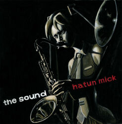 1girl album_cover closed_eyes collared_shirt cover detached_sleeves english_text engrish_text hakotakoha hatsune_miku headset holding holding_instrument holding_saxophone instrument jazz long_hair monochrome necktie parody ranguage saxophone shirt solo traditional_media twintails very_long_hair vocaloid zipper