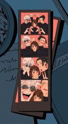 1girl 2boys :d anger_vein arm_up black_hair black_jacket blue_background blue_eyes brown_eyes brown_hair cheek_poking closed_mouth ear_piercing frown getou_suguru gogaek gojou hair_bun hair_pulled_back hand_on_own_chin hands_up heart heart_arms heart_arms_duo heart_hands heart_hands_trio highres ieiri_shoko jacket jujutsu_kaisen jujutsu_tech_uniform looking_at_viewer mole mole_under_eye multiple_boys o3o open_mouth photo_(object) piercing pink_background poking round_eyewear school_uniform short_hair smile stroking_own_chin sunglasses upper_body v v-shaped_eyebrows white_hair