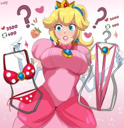 Rule 34 | 1girl, ?, absurdres, artist name, bikini, blonde hair, blue brooch, blue eyes, blush, breasts, crown, dress, earrings, elbow gloves, gloves, gold crown, heart, highres, holding, holding swimsuit, holding unworn clothes, jewelry, karbuitt, long hair, mario (series), nintendo, pink dress, pink lips, pink slingshot swimsuit, ponytail, princess peach, puffy short sleeves, puffy sleeves, red bikini, short sleeves, slingshot swimsuit, solo, sphere earrings, spiked crown, swimsuit, unworn swimsuit, white gloves