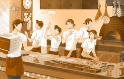 6+boys apron auruo_bossard baseball_cap blouse boned_meat brick_oven brown_theme clock cowboy_shot cradling_phone erd_gin eren_yeager food garlic gunter_shulz hat head_tilt indoors kitchen levi_(shingeki_no_kyojin) low_ponytail male_focus meat multiple_boys notepad onion oven peel_(tool) petra_ral phone pizza pizza_box plant ponytail red_hat restaurant shingeki_no_kyojin shirt slice_of_life standing talking_on_phone white_shirt yappo_(point71)