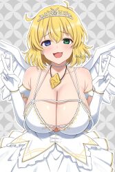 1girl artist_name blonde_hair blue_eyes blush breasts cleavage collarbone commentary commission double_v dress elbow_gloves feathered_wings glint gloves green_eyes grey_background hair_between_eyes hands_up heterochromia highres huge_breasts jewelry looking_at_viewer medium_hair necklace open_mouth pearl_necklace ryouna_(senran_kagura) senran_kagura skeb_commission sleeveless sleeveless_dress smile solo surippa1010 twitter_username v white_dress white_gloves white_tiara white_wings wings