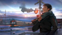 1boy bag bandal bench black_jacket breath fence fingernails highres holding holding_bag jacket looking_up male_focus mitsui_hisashi outdoors parted_lips railroad_crossing railroad_tracks scar scar_on_face scarf sideburns slam_dunk_(series) train winter