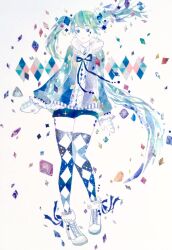 1girl :o absurdres alternate_costume ankle_boots aqua_hair aqua_jacket argyle_clothes argyle_sweater argyle_thighhighs blue_eyes blue_ribbon blue_shorts blue_theme boots collared_shirt contrapposto crystal_shards floating_hair frilled_shirt frilled_sleeves frills full_body fur-trimmed_boots fur_trim hatsune_miku highres jacket knees_together_feet_apart lace-up_boots layered_clothes limited_palette long_hair looking_at_viewer masking_tape_(medium) mittens mixed_media neck_ribbon oikoko_koko open_clothes open_jacket parted_lips ribbon shirt short_shorts shorts solo sweater swept_bangs thighhighs thighs traditional_media unconventional_media very_long_hair vocaloid white_background white_boots white_mittens white_sweater winter_clothes