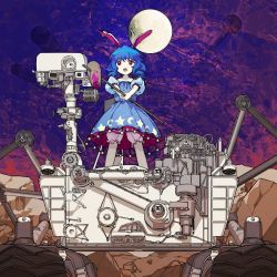 1girl :o animal_ears bloomers blue_dress blue_hair commentary dress drill_hair full_body full_moon holding kaigen_1025 kine looking_at_viewer mallet medium_hair moon open_mouth pink_bloomers puffy_short_sleeves puffy_sleeves rabbit_ears rabbit_girl red_eyes robot rock seiran_(touhou) short_sleeves solo standing teeth touhou underwear unused_tire upper_teeth_only