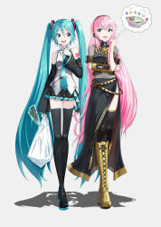 2girls :d absurdres aqua_eyes aqua_hair aqua_nails aqua_necktie aqua_trim arm_tattoo armband bag black_boots black_shirt black_sleeves black_thighhighs blue_eyes boots commentary detached_sleeves full_body gold_boots gold_sleeves grey_shirt hatsune_miku headset highres holding holding_bag imagining index_finger_raised itogari knee_boots long_hair long_skirt megurine_luka midriff miniskirt multiple_girls nabe necktie number_tattoo open_mouth pink_hair pleated_skirt shadow shirt side_slit single_detached_sleeve skirt sleeveless sleeveless_shirt smile speech_bubble standing tattoo thigh_boots thighhighs thought_bubble twintails very_long_hair vocaloid wide_sleeves