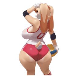1girl animal_ears arm_up ass bag ball breasts brown_eyes brown_fur buruma clothing_cutout commentary elbow_pads english_commentary from_behind furry furry_female gloves hand_on_own_head highres holding holding_bag huge_breasts kneepits looking_at_viewer looking_back rabbit_ears rabbit_girl rabbit_tail red_buruma red_socks smewed socks solo sonic_(series) sportswear tail tail_through_clothes tank_top thighs transparent_background vanilla_the_rabbit volleyball_(object) volleyball_uniform white_gloves white_tank_top wide_hips