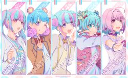 Rule 34 | 10s, 5girls, ahoge, aikatsu!, aikatsu! (series), aikatsu stars!, badge, bang dream!, bangle, blazer, blue eyes, blue hair, blush, bow, bowtie, bracelet, brown jacket, character name, closed mouth, collar, commentary, copyright name, cowboy shot, crossover, curly hair, dojima nina, donut hair bun, earrings, fang, frills, grin, hair bow, hair bun, hair ornament, hanazono kirara, idol, idolmaster, idolmaster cinderella girls, jacket, jewelry, long hair, long sleeves, looking at viewer, looking to the side, monicanc, multicolored hair, multiple crossover, multiple girls, nanasaki nicole, nyubara reona, one eye closed, open mouth, oversized clothes, oversized shirt, pill earrings, pink collar, pink eyes, pink hair, print shirt, purple eyes, red jacket, red neckwear, school uniform, shirt, skeleton print, smile, striped clothes, striped shirt, t-shirt, tokyo 7th sisters, tongue, tongue out, twitter username, two side up, v, white background, white jacket, yumemi riamu