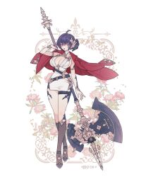 1girl ahoge arm_cuffs arm_tattoo axe battle_axe belt black_belt black_socks blue_hair bracelet breasts cleavage cleavage_cutout clothing_cutout commentary commission double_bun dress embroidery eyeliner fashion floral_background full_body hair_bun hair_ornament high_heels holding holding_axe holding_weapon huge_weapon jacket jacket_on_shoulders jewelry large_breasts leg_tattoo lemon89h looking_at_viewer makeup original red_eyeliner red_jacket rococo_movement socks standing tattoo thigh_strap weapon white_dress