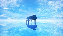blue_sky cloud cloudy_sky grand_piano highres instrument object_focus ocean original piano reflection reflective_water scenery sky takano_higashi