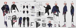 Rule 34 | 1boy, arrow (symbol), belt, black belt, black gloves, black hair, black shirt, blue jacket, boots, border0715, chain, chain necklace, chibi, closed mouth, commentary request, company name, copyright notice, facing away, fingerless gloves, gloves, grey background, hair between eyes, hand on own hip, holster, jacket, jewelry, knife, long sleeves, looking at viewer, male focus, multicolored hair, multiple belts, multiple views, necklace, nijisanji, off shoulder, official art, open clothes, open jacket, pants, pink hair, profile, red eyes, red hair, reference sheet, second-party source, seraph dazzlegarden, seraph dazzlegarden (1st costume), shirt, short hair, smile, streaked hair, switchblade, thigh holster, thigh strap, translation request, turtleneck, virtual youtuber, weapon, white boots, white pants, wide sleeves