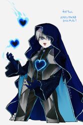 Rule 34 | 1girl, :3, blue gloves, blue pants, blue sleeves, blue veil, braid, clothing cutout, dress, e.g.o (project moon), gloves, grey dress, grey hair, heart cutout, highres, librarian (project moon), library of ruina, long hair, looking at viewer, low twin braids, nugget (project moon), open mouth, pants, project moon, simple background, smile, solo, sound of a star (e.g.o), twin braids, veil, very long hair, white background, yatsumeunagi
