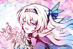 Rule 34 | 1girl, blush, cherry blossoms, electronduck, firefly (honkai: star rail), flower, gradient hair, green pupils, grey hair, hair between eyes, hair intakes, hair ornament, hair ribbon, hairband, holding, holding flower, honkai: star rail, honkai (series), jacket, multicolored hair, open mouth, ribbon, smile, tree, twitter username