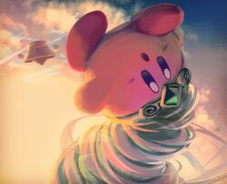 :o blue_eyes blue_sky blush_stickers cameo cloud copy_ability floating flying full_body hataraku_ufo highres jobski kirby kirby_(series) nintendo no_humans open_mouth signature sky solo_focus spinning_top suyasuyabi tornado tornado_kirby twister_(kirby) ufo upside-down wind