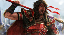armor brown_eyes brown_hair cape facial_hair headband japanese_clothes muscular muscular_male mustache polearm sanada_yukimura_(sengoku_musou) sengoku_musou shouting spear sweat weapon