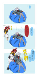 ... 2girls absurdres asticassia_school_uniform bean_bag_chair black_pantyhose blue_background blue_eyes commentary_request green_jacket green_shorts grey_eyes gundam gundam_suisei_no_majo highres jacket kusattatofu long_hair miorine_rembran multiple_girls necktie no_shoes open_mouth pantyhose ponytail red_hair red_necktie school_uniform shorts smile speech_bubble spoken_ellipsis suletta_mercury translation_request two-tone_background white_background white_hair white_jacket yellow_necktie
