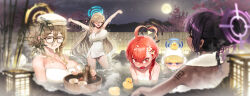 Rule 34 | 4girls, :d, absurdres, ahoge, alternate hairstyle, arm tattoo, arms up, asuna (blue archive), bare back, bare shoulders, bath, bathing, black hair, black halo, blonde hair, blowing bubbles, blue archive, blue eyes, blunt bangs, blush, braid, breasts, brown hair, cherry blossoms, closed eyes, covered navel, cowboy shot, dark-skinned female, dark skin, embarrassed, eyes visible through hair, fang, flower, flower on head, gradient hair, hair between eyes, hair bun, hair over one eye, halo, hand on another&#039;s head, highres, karin (blue archive), large breasts, long hair, looking at viewer, mole, mole under eye, multicolored hair, multiple girls, naked towel, neru (blue archive), nose blush, number tattoo, onsen, open mouth, partially submerged, purple hair, purple halo, red eyes, red hair, rubber duck, sb (dlwnsrl1783), sensei (blue archive), shiny skin, short hair, single braid, single hair bun, skin fang, small breasts, smile, solo, standing, steam, tattoo, toki (blue archive), towel, towel around neck, very long hair, wading, water, wet, white background